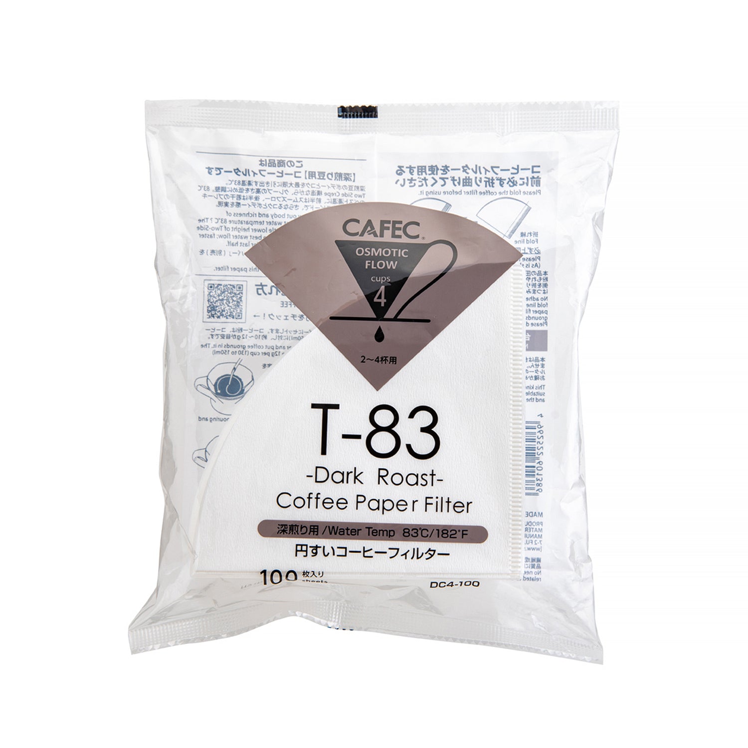Förpackning med Cafec T-83 pappersfilter för mörkrost kaffe på vit bakgrund.