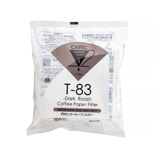 Förpackning med Cafec T-83 pappersfilter för mörkrost kaffe på vit bakgrund.