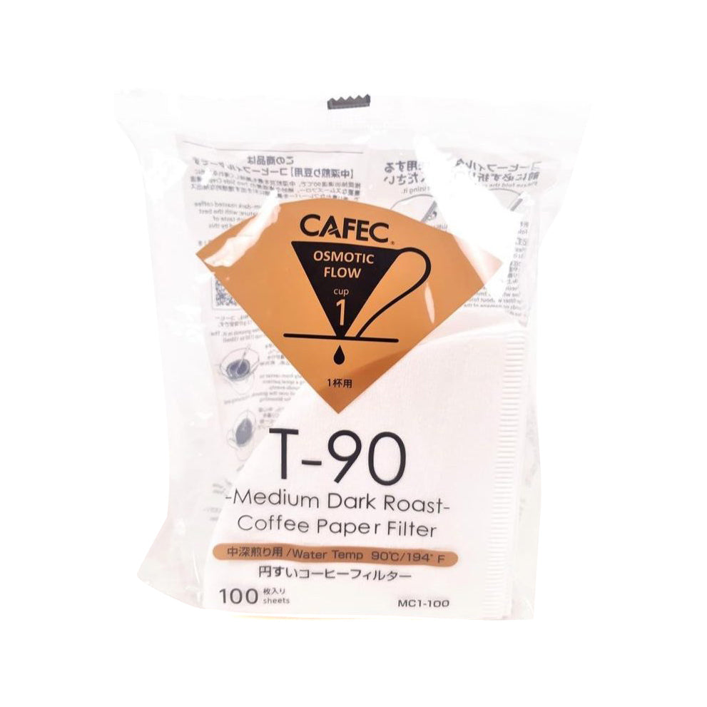 Förpackning med Cafec T-90 pappersfilter för mellanmörkrost kaffe på vit bakgrund.