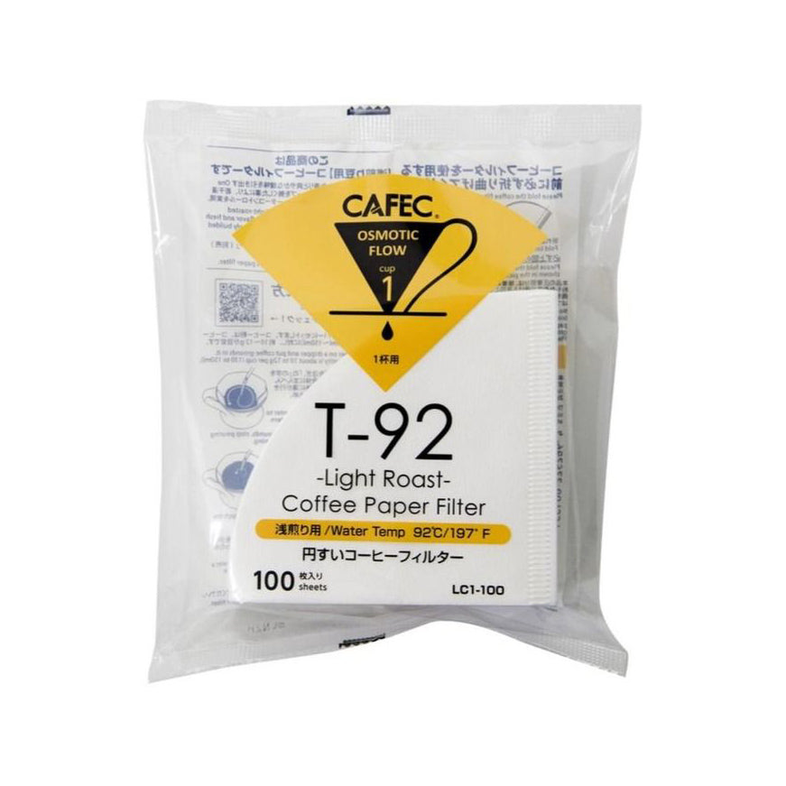 Förpackning med Cafec T-92 pappersfilter för ljusrost kaffe på vit bakgrund.