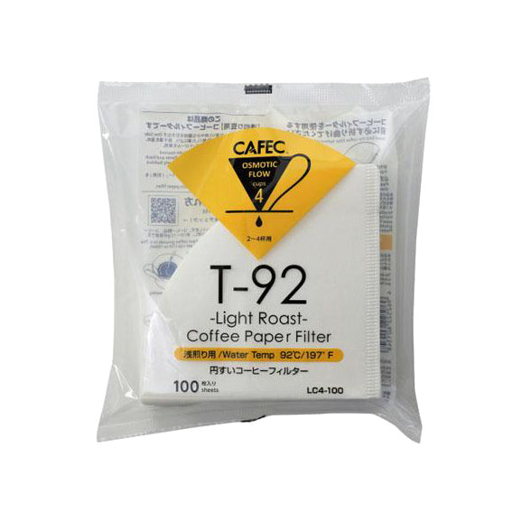Förpackning med Cafec T-92 pappersfilter för ljusrost kaffe på vit bakgrund.