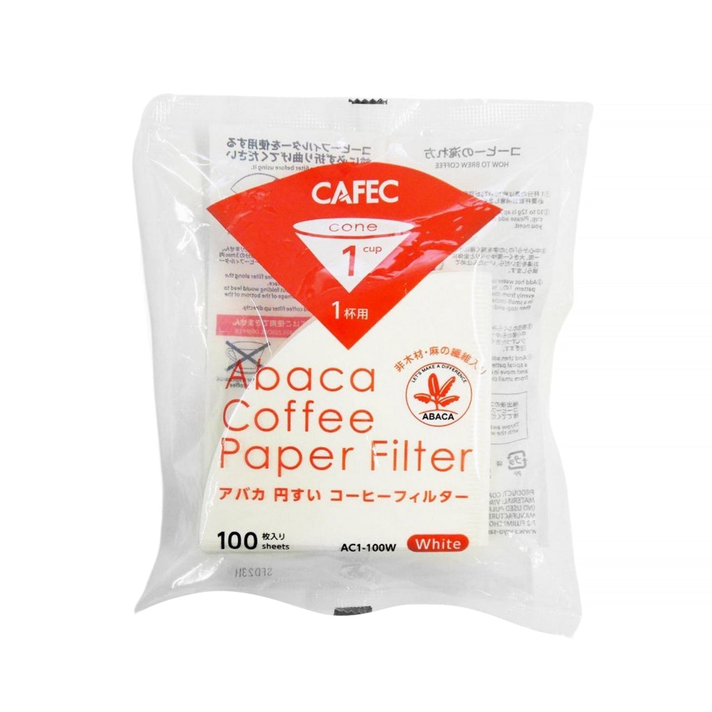 Förpackning med Cafec Abaca koniska pappersfilter för kaffe na vit bakgrund.