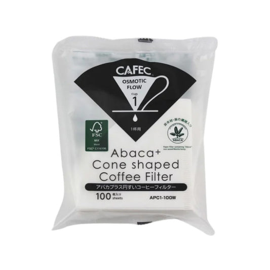 Förpackning med Cafec Abaca+ koniska pappersfilter för kaffe på vit bakgrund.