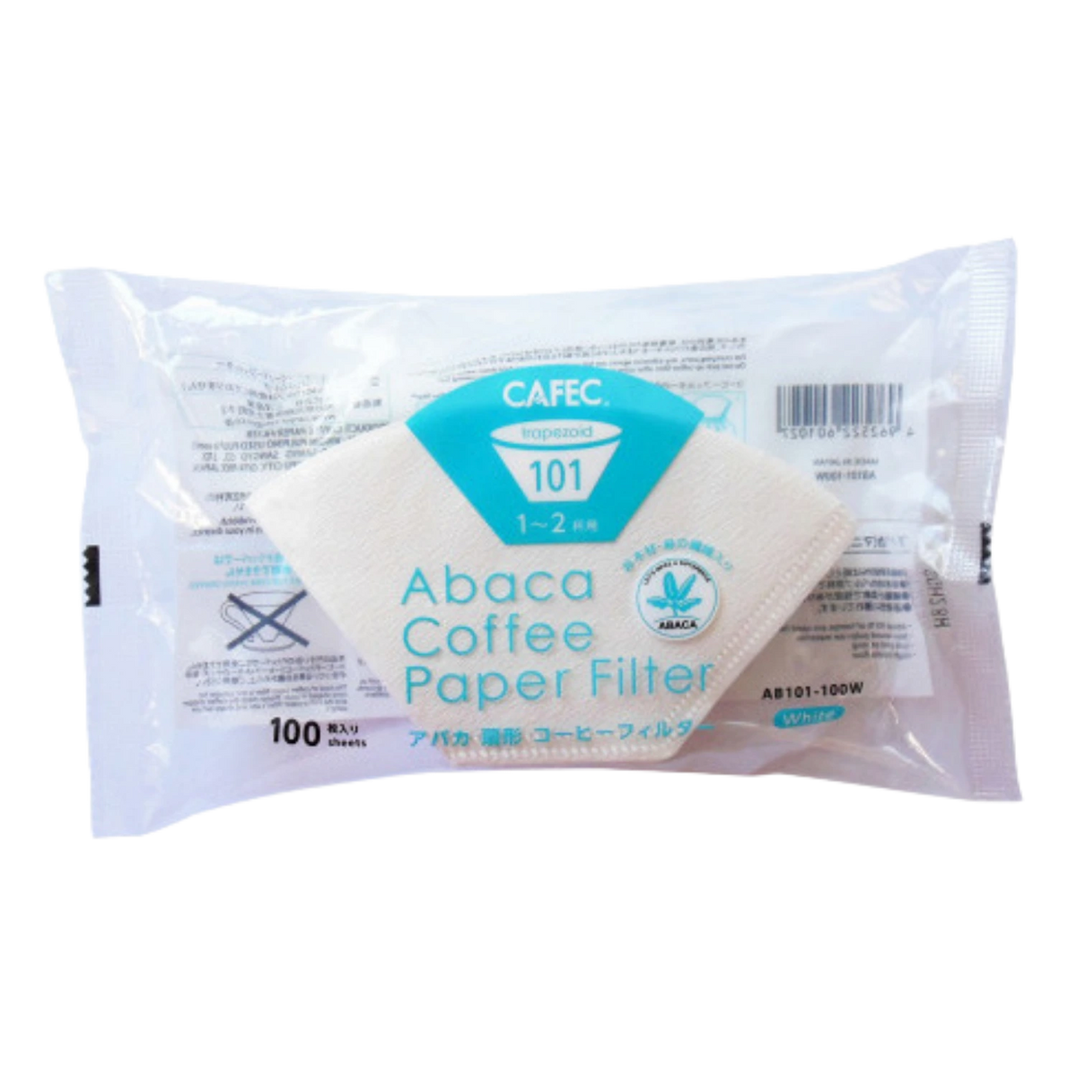 A package of CAFEC Abaca Coffee Paper Filter 101, containing 100 sheets, shown on a plain white background.