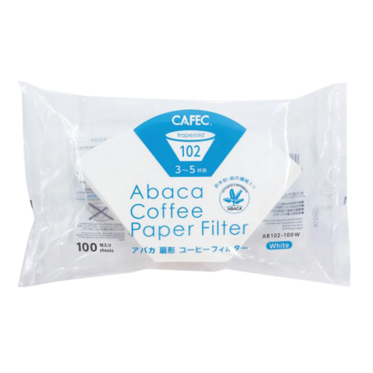 A package of CAFEC Abaca Coffee Paper Filter 102, containing 100 sheets, shown on a plain white background.