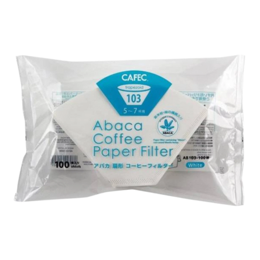 A package of CAFEC Abaca Coffee Paper Filter 103, containing 100 sheets, shown on a plain white background.