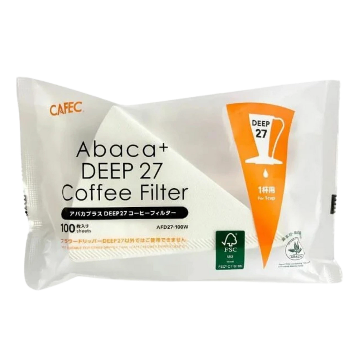 Cafec Abaca+ DEEP 27 coffee paper filter packaging on a white background