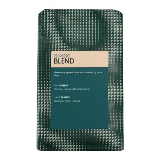 A single stand-up pouch of coffee labeled 'ESPRESSO BLEND' on a plain white background. The pouch has a dark green and gray geometric pattern with a large teal label and a beige text block.