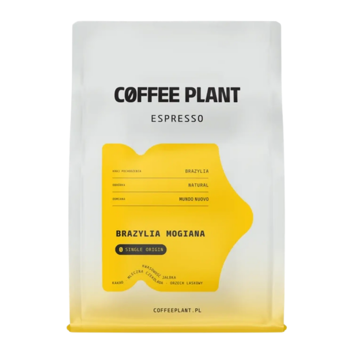 Kaffeförpackning med 'Coffee Plant Brazylia Mogiana'-branding och gul etikett på vit bakgrund.