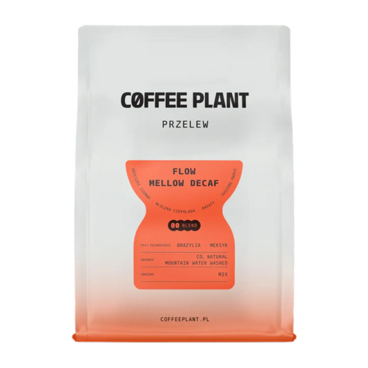 Vit Coffee Plant-påse Flow Mellow Decaf filterblandning med stor orange timglas-etikett