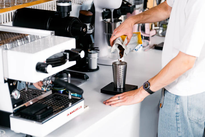 Barista pouring Coffee Plant beans into a dosing cup on a scale next to a white espresso machine