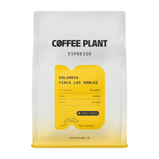 Vit Coffee Plant-påse Kolumbia Finca Los Robles Espresso med stor gul etikett
