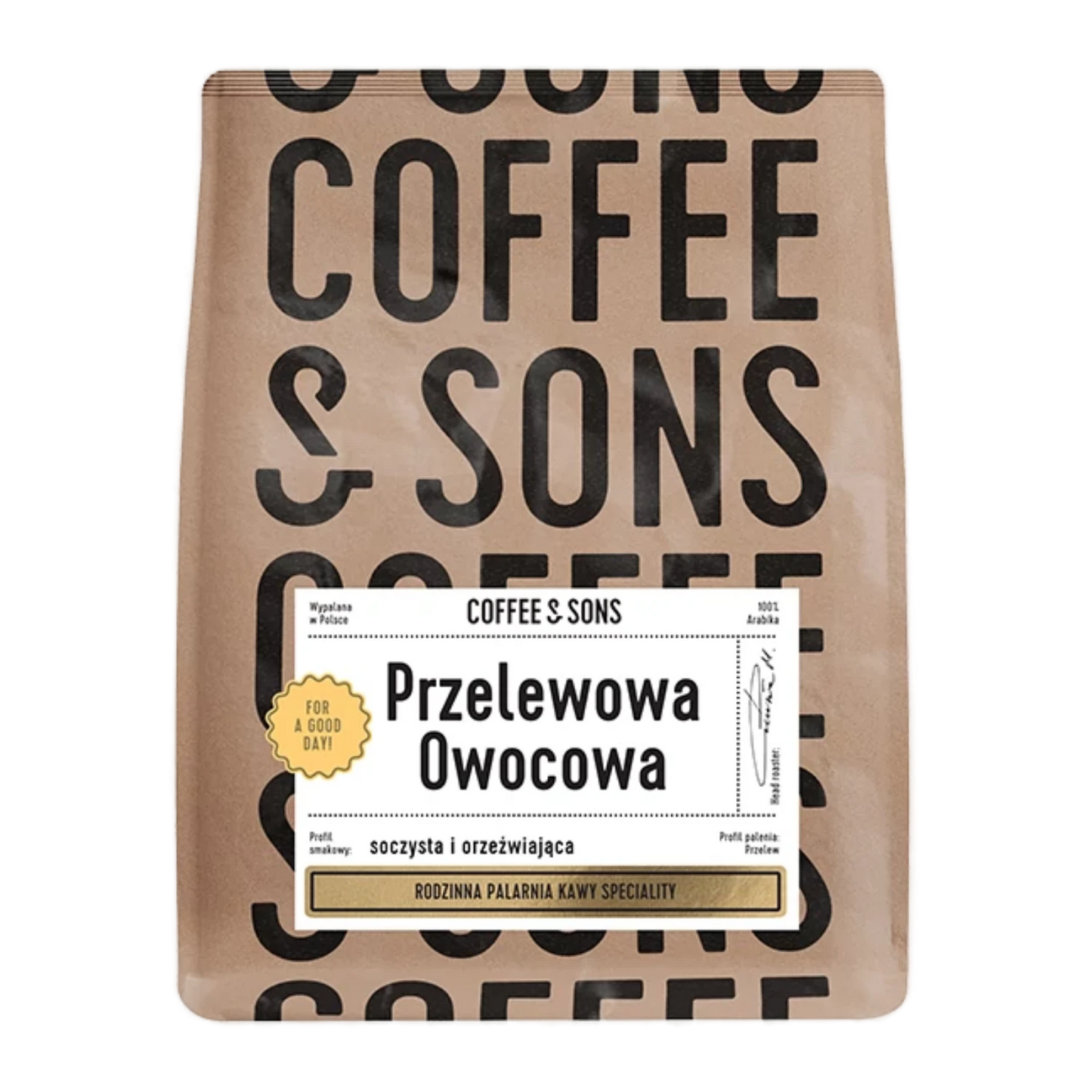 Kaffepåse från Coffee & Sons med etikett för smaken "Przelewowa Owocowa" på vit bakgrund