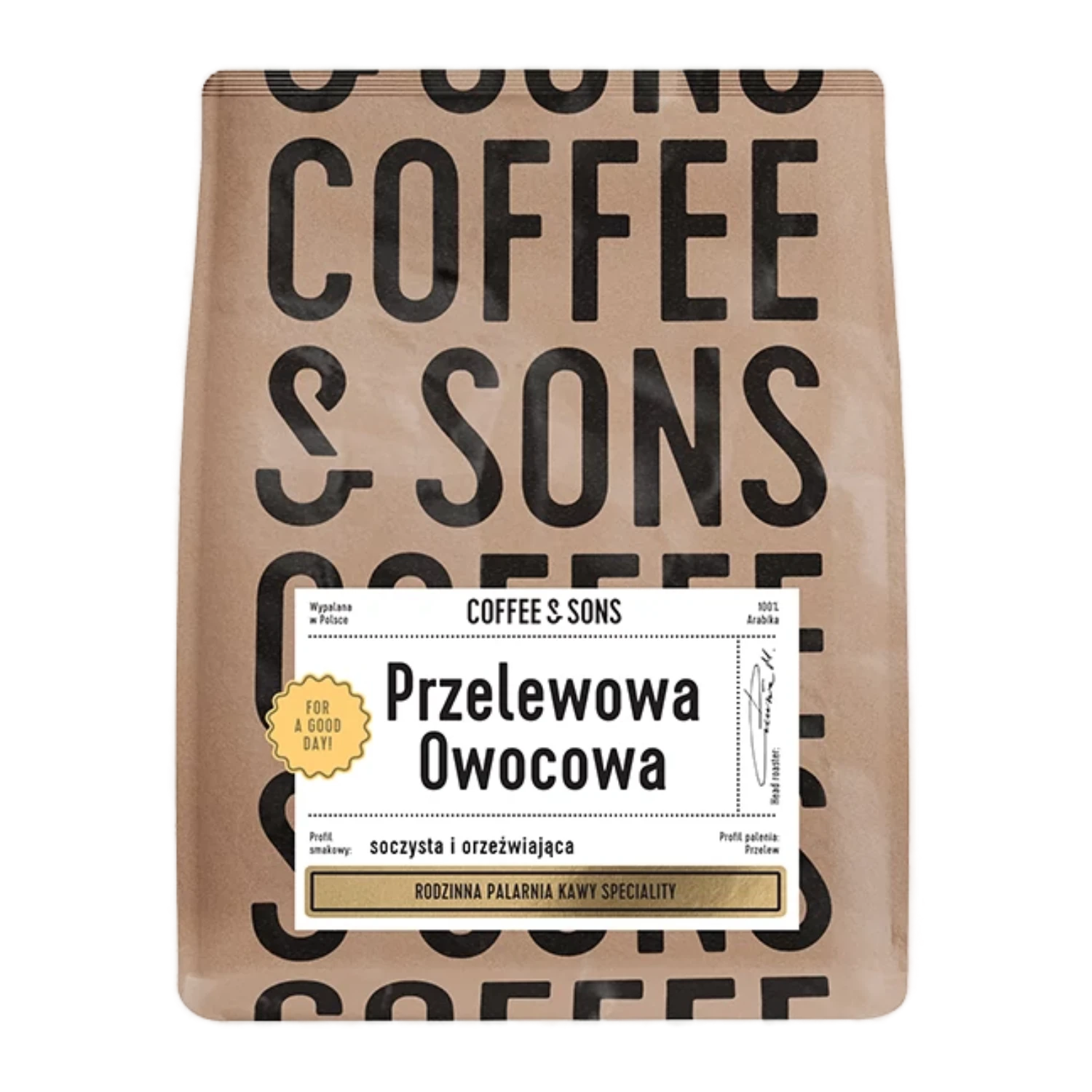 Kaffepåse från Coffee & Sons med etikett för smaken "Przelewowa Owocowa" på vit bakgrund