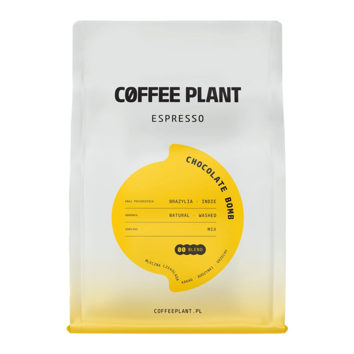 Kaffepaket med Coffee Plant "Chocolate Bomb"-design och en gul etikett på vit bakgrund