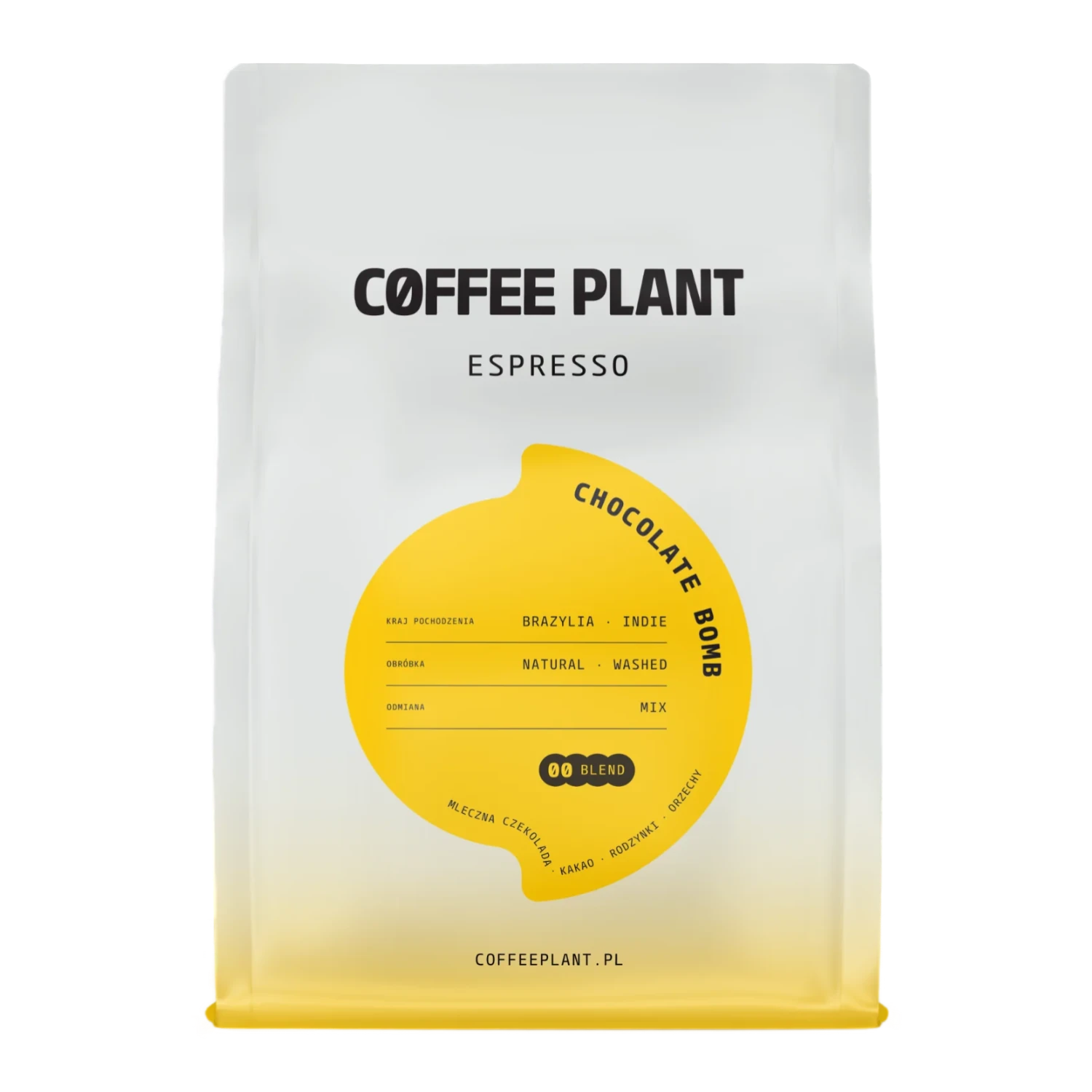 Kaffepaket med Coffee Plant "Chocolate Bomb"-design och en gul etikett på vit bakgrund