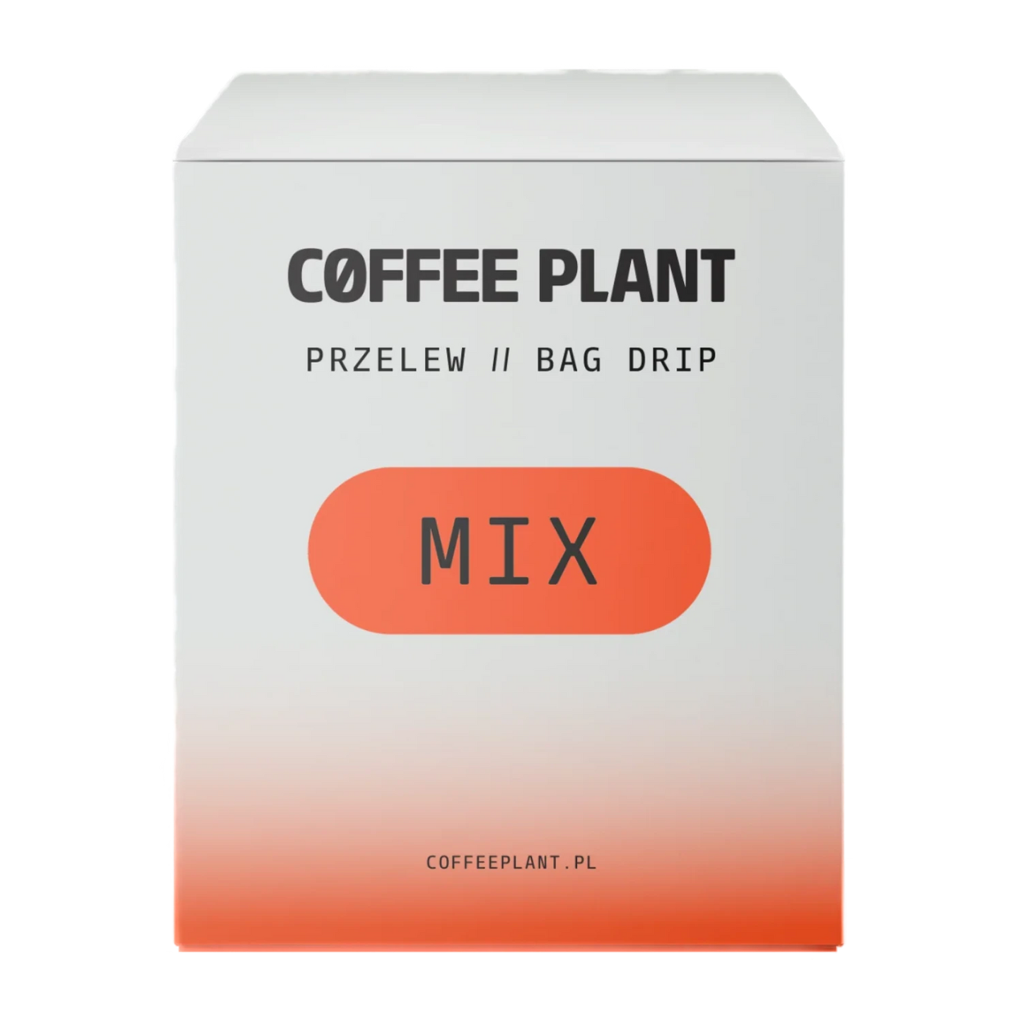 Coffee Plant "Drip Bag Mix"-förpackning med orange gradientdesign och text på vit bakgrund