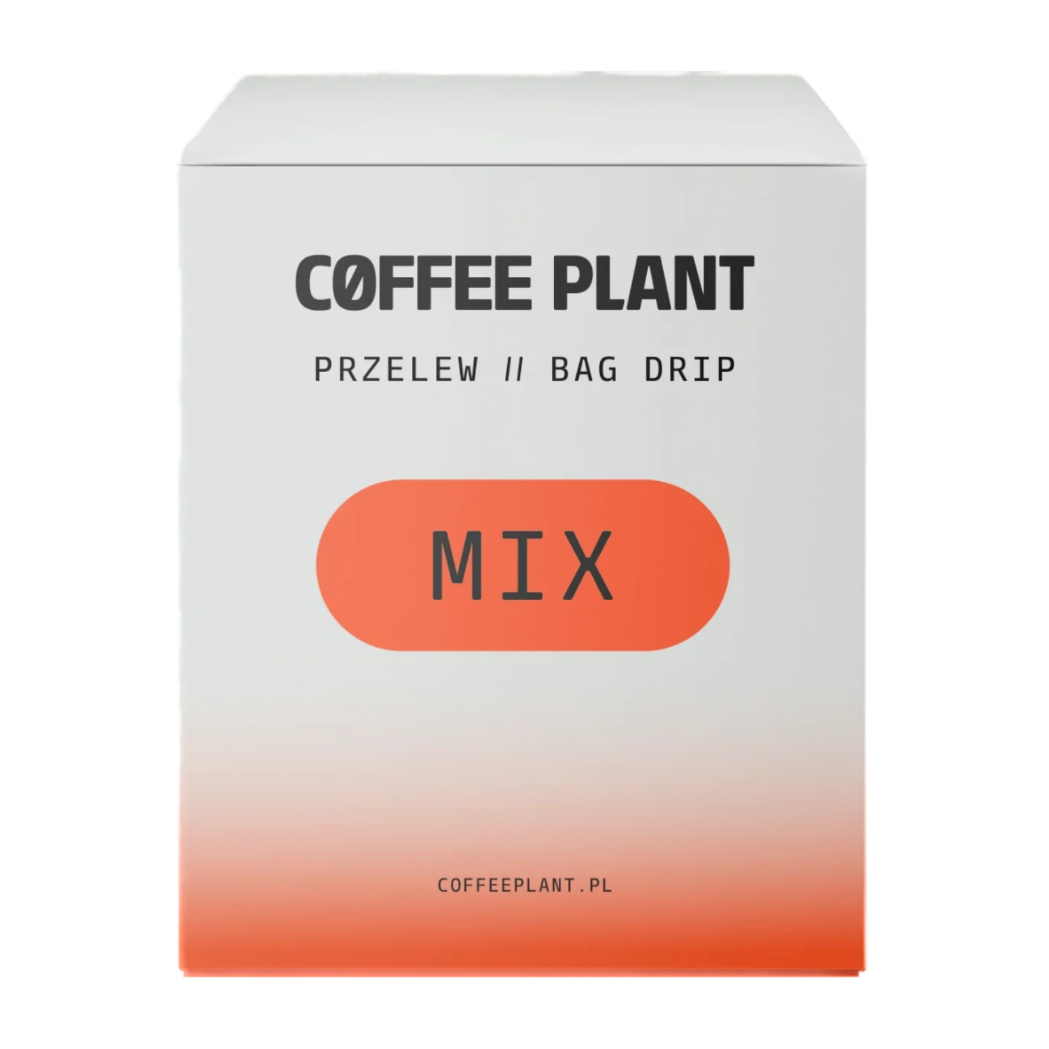 Coffee Plant "Drip Bag Mix"-förpackning med orange gradientdesign och text på vit bakgrund