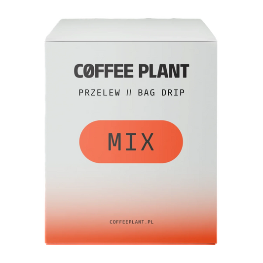 Coffee Plant "Drip Bag Mix"-förpackning med orange gradientdesign och text på vit bakgrund
