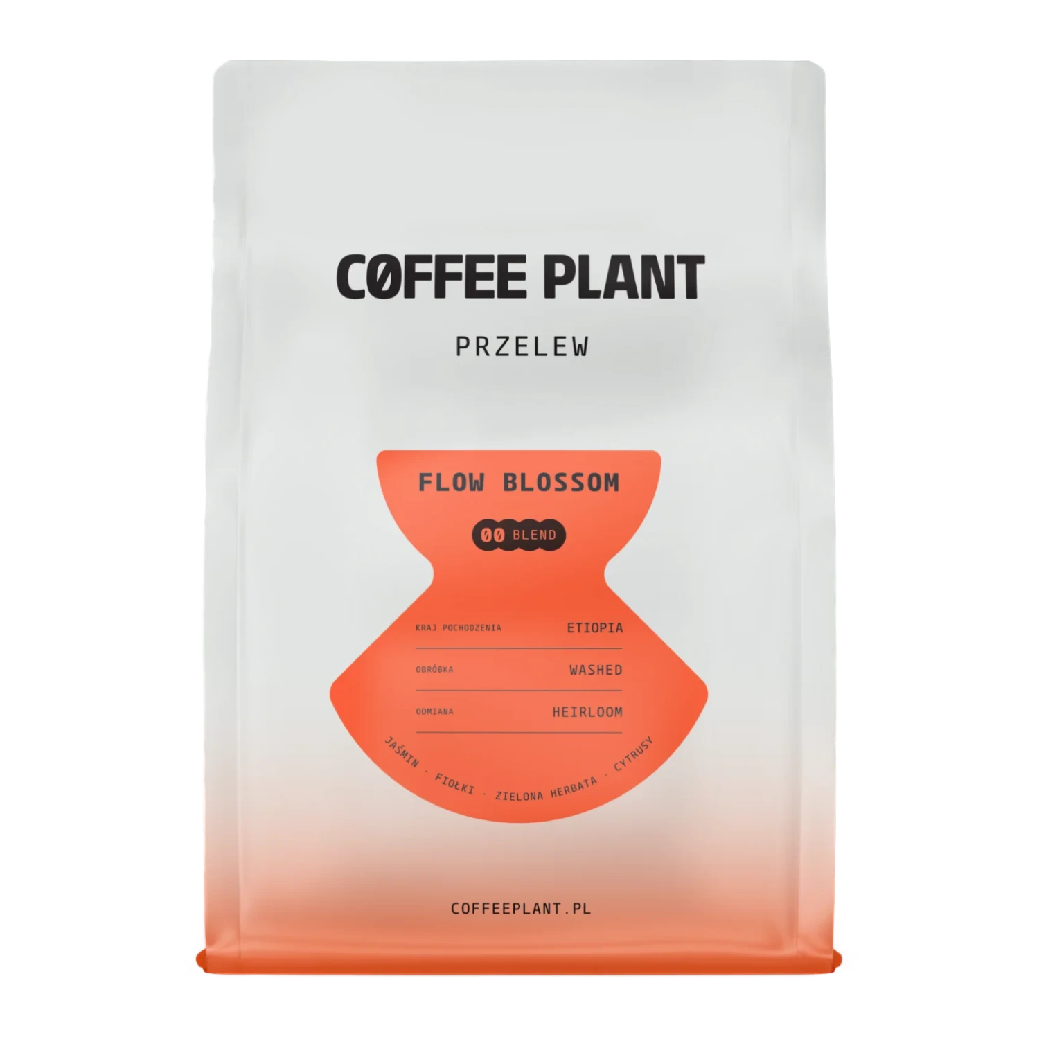 Kaffepaket med Coffee Plant "Flow Blossom"-design och en orange etikett på vit bakgrund