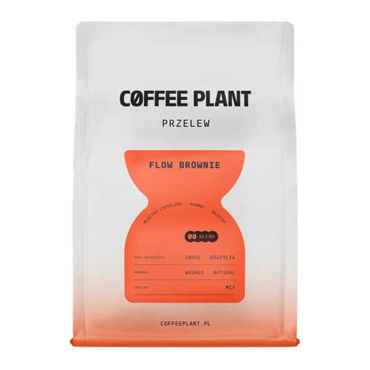 Vit kaffepåse från Coffee Plant "Flow Brownie" filterkaffe med stor orange etikett