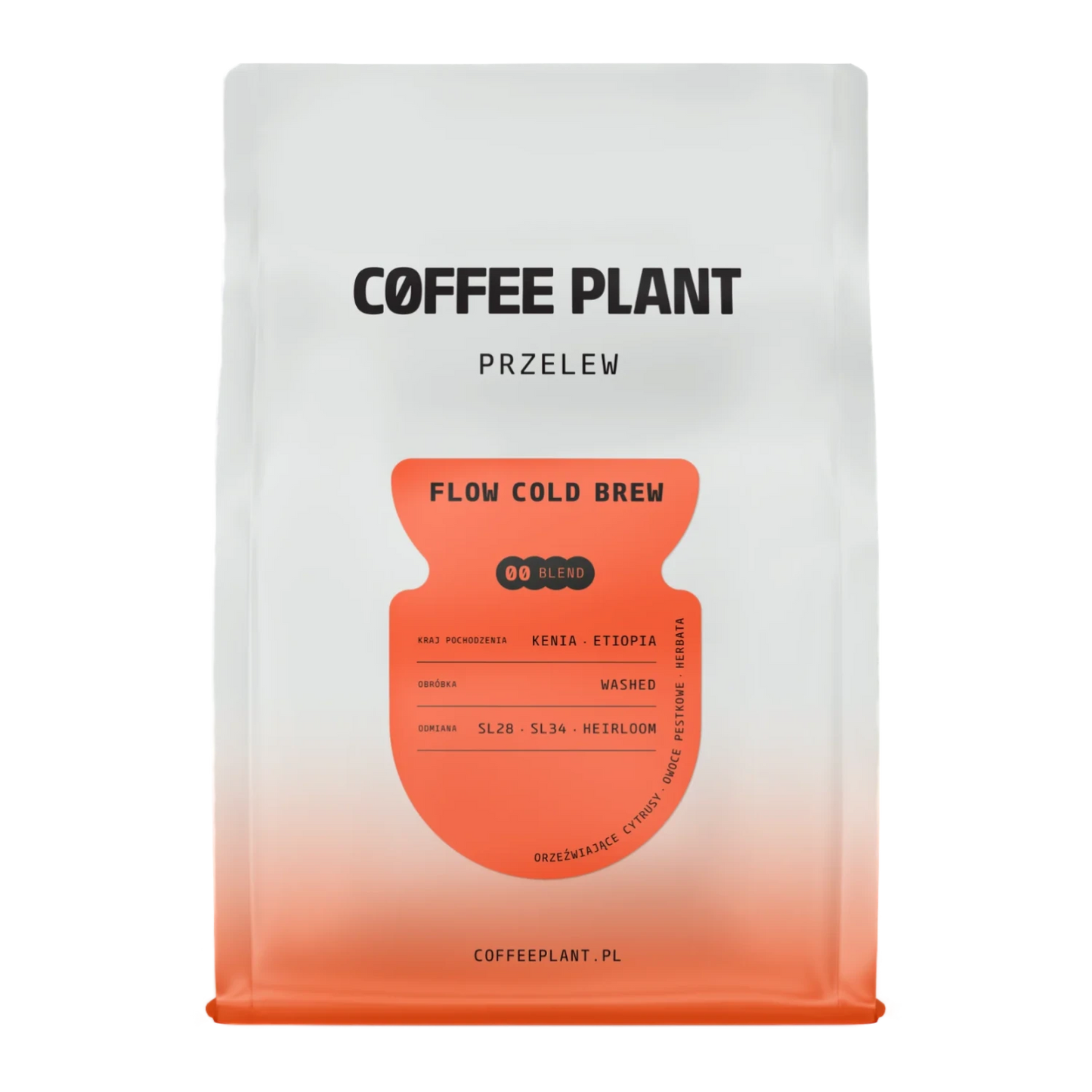 Coffee package with 'Coffee Plant FLOW Cold Brew' branding and an orange label on a white background