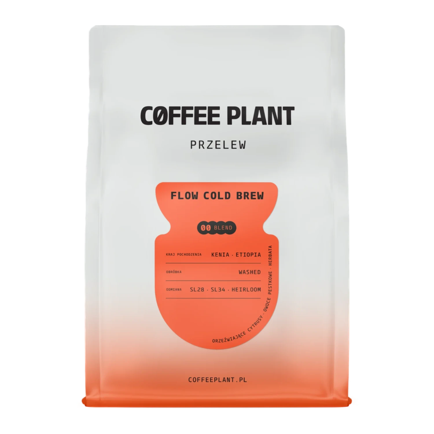Coffee package with 'Coffee Plant FLOW Cold Brew' branding and an orange label on a white background