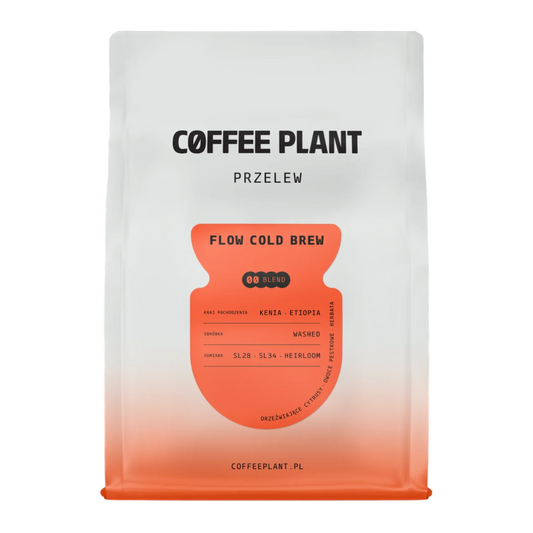 Coffee package with 'Coffee Plant FLOW Cold Brew' branding and an orange label on a white background