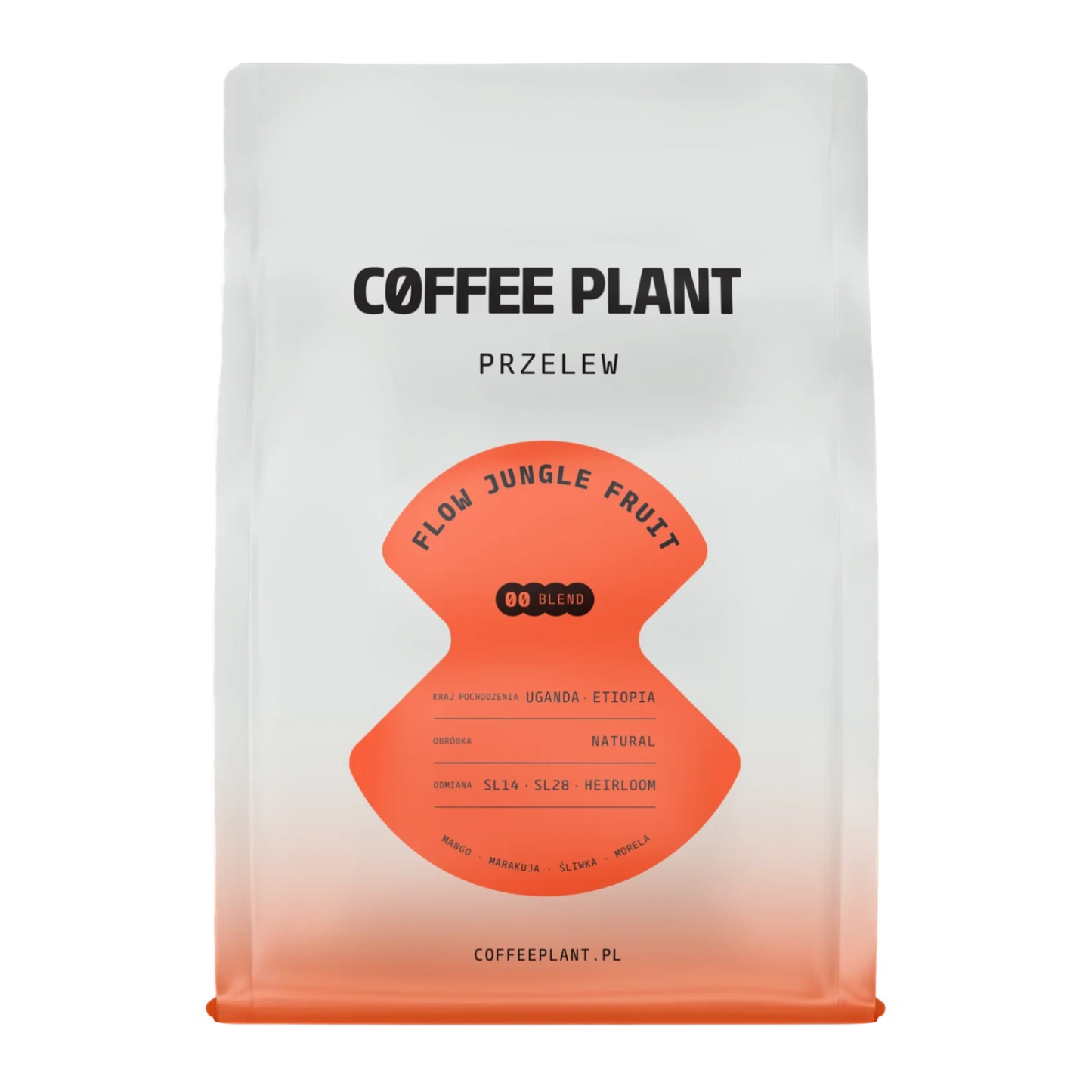 Kaffepaket med Coffee Plant "Jungle Fruit"-design och en orange etikett på vit bakgrund