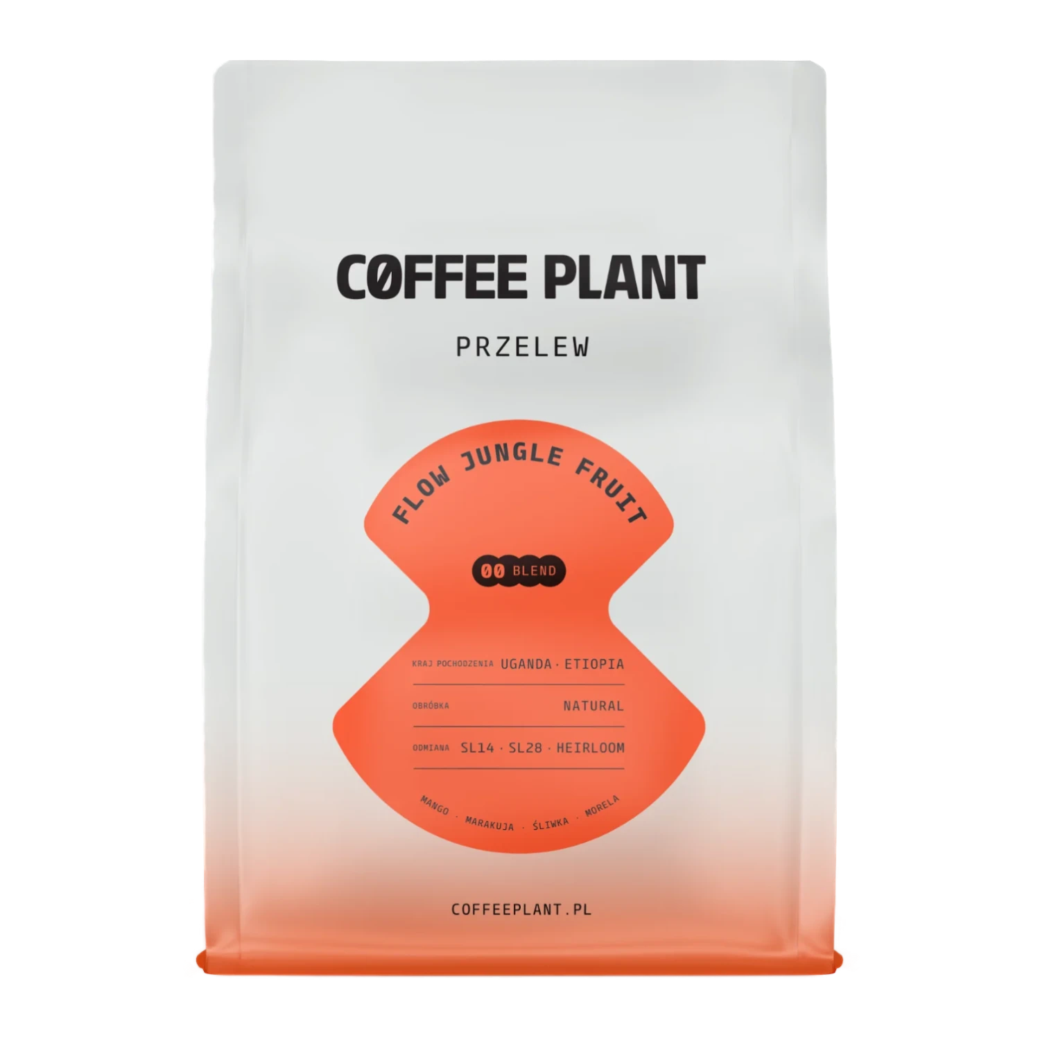 Kaffepaket med Coffee Plant "Jungle Fruit"-design och en orange etikett på vit bakgrund