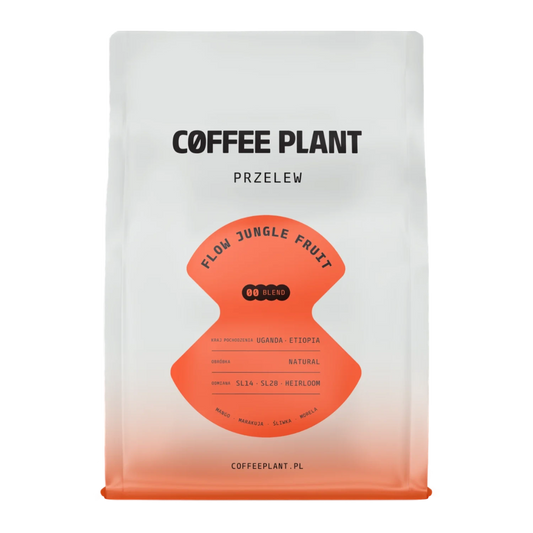 Kaffepaket med Coffee Plant "Jungle Fruit"-design och en orange etikett på vit bakgrund
