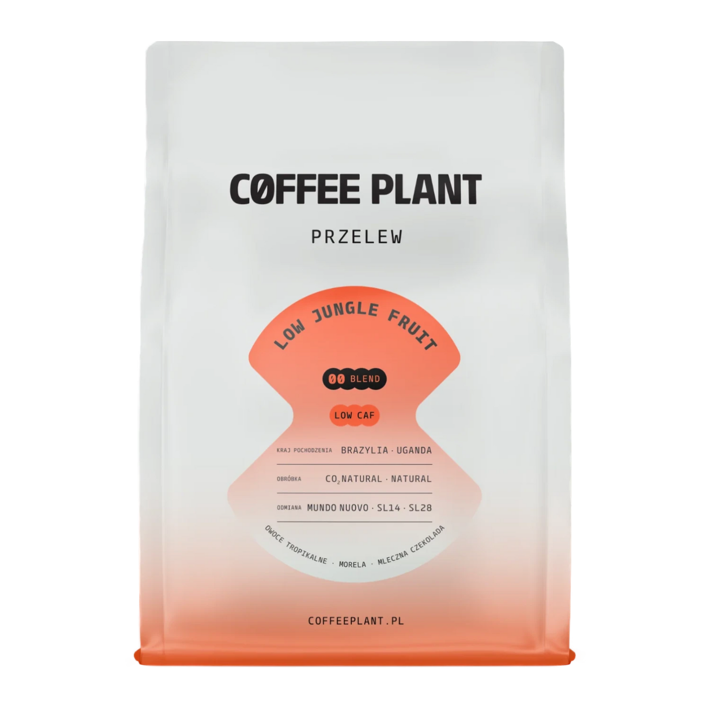 Kaffepaket med Coffee Plant "LOW Jungle Fruit"-design och en orange etikett på vit bakgrund