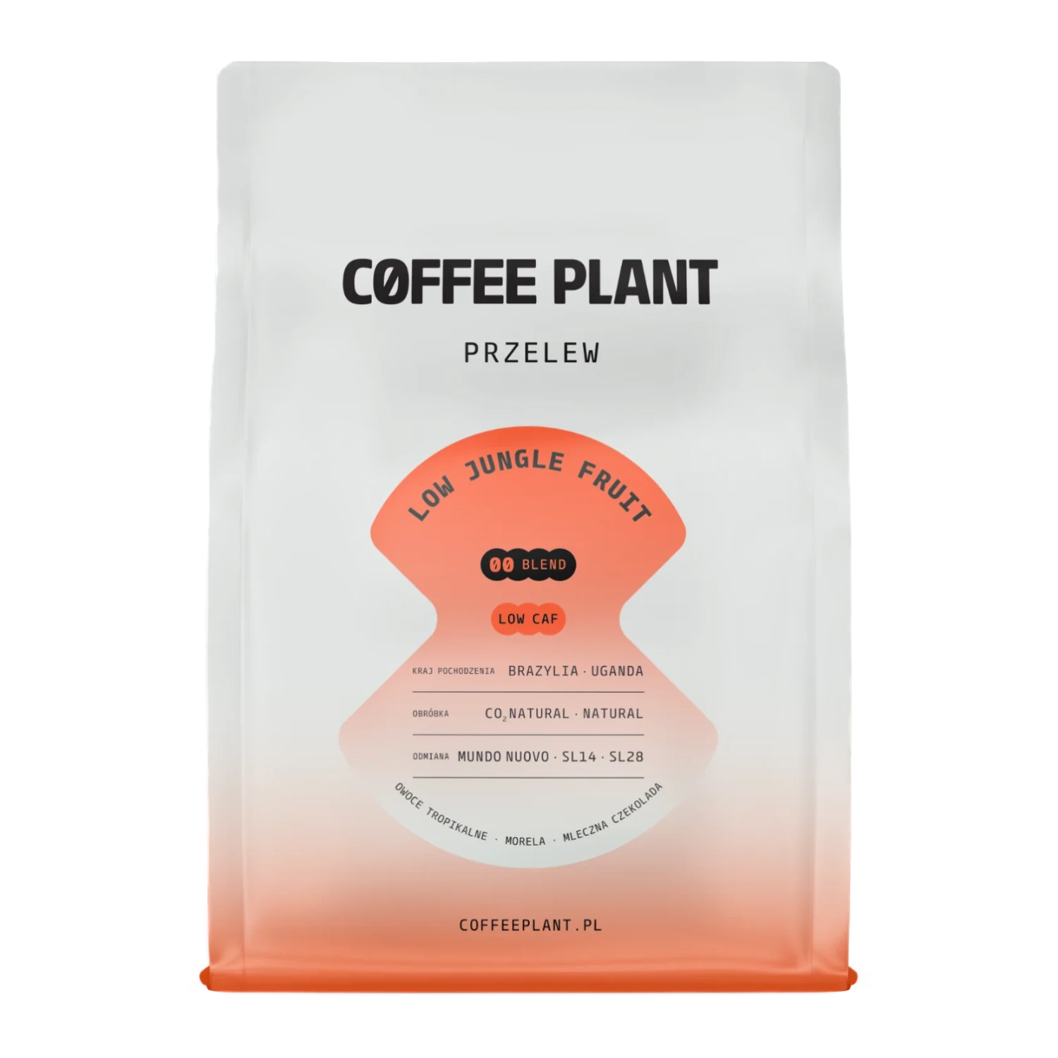 Kaffepaket med Coffee Plant "LOW Jungle Fruit"-design och en orange etikett på vit bakgrund