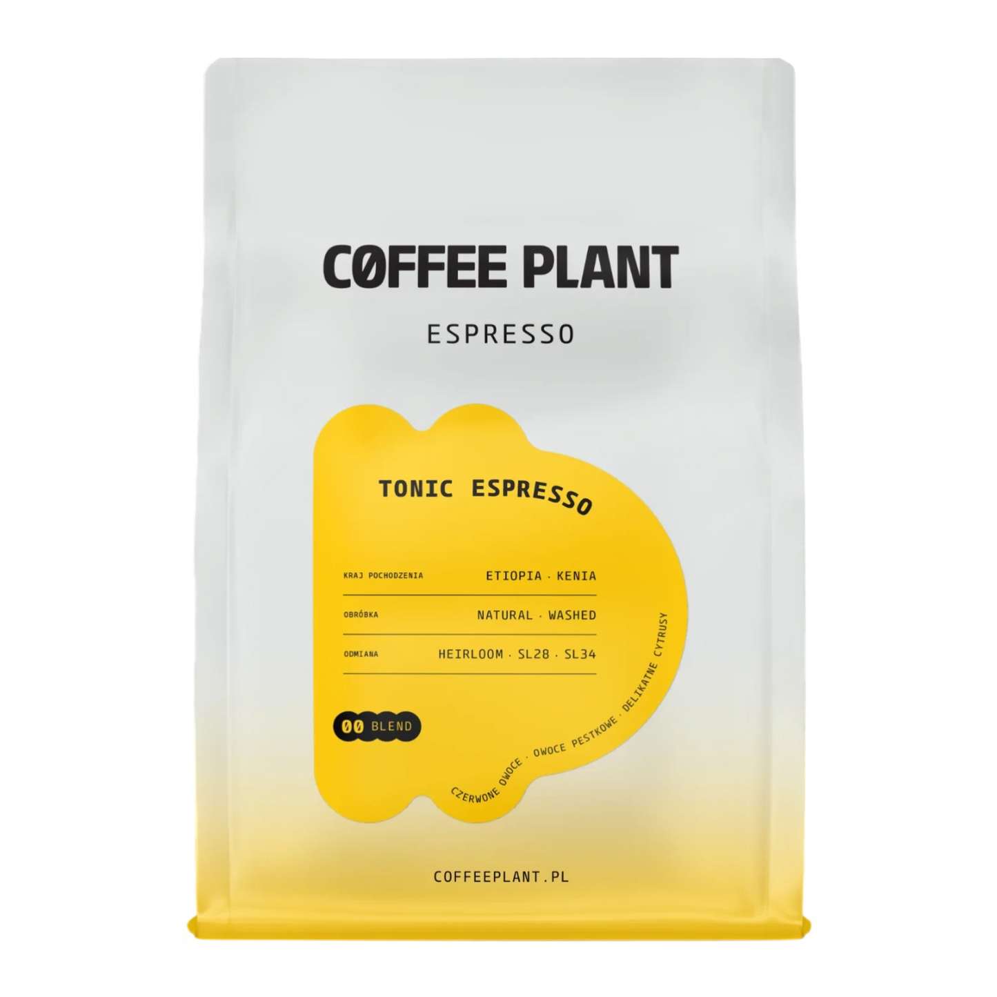 Kaffepaket med Coffee Plant "Tonic Espresso"-design och en gul etikett på vit bakgrund