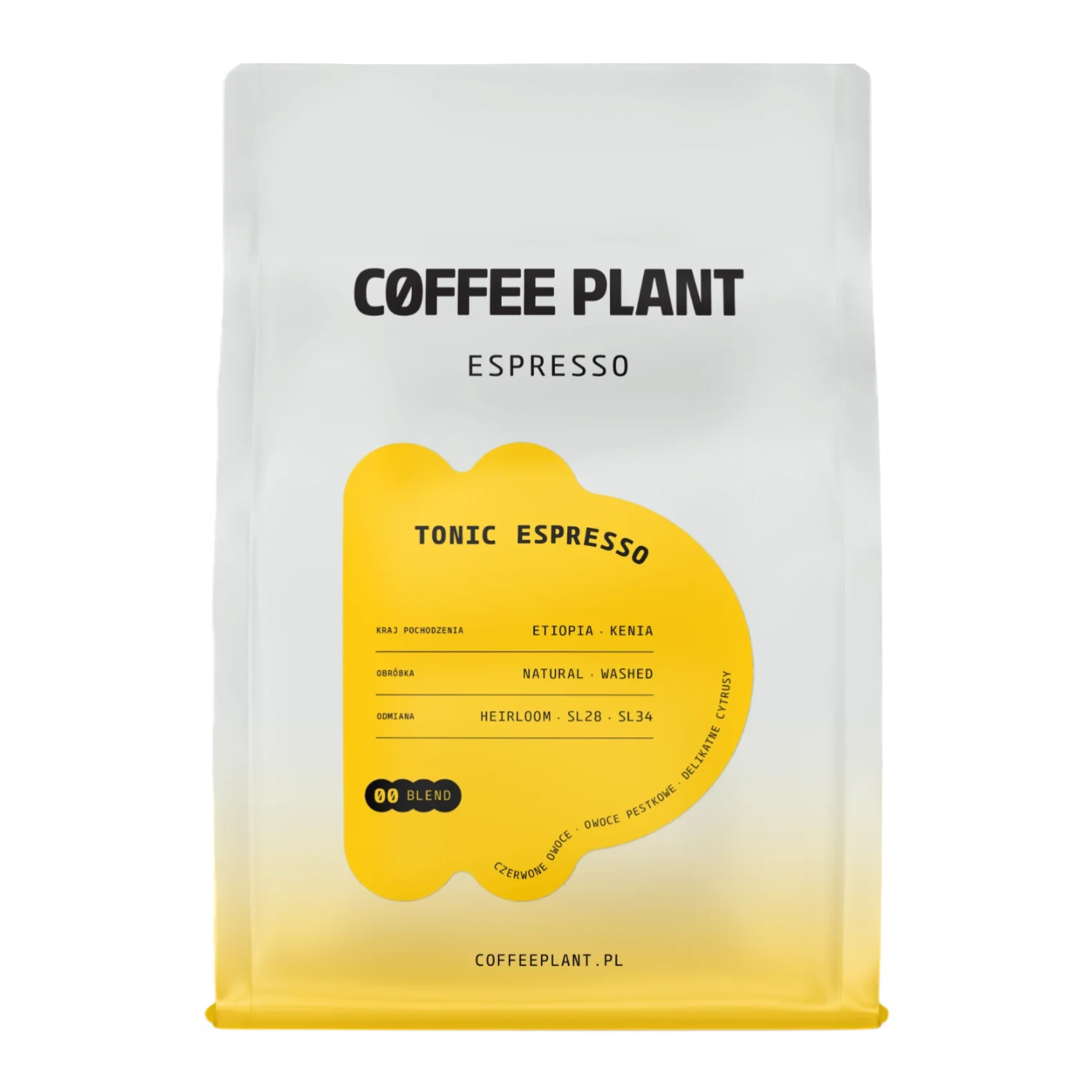 Kaffepaket med Coffee Plant "Tonic Espresso"-design och en gul etikett på vit bakgrund