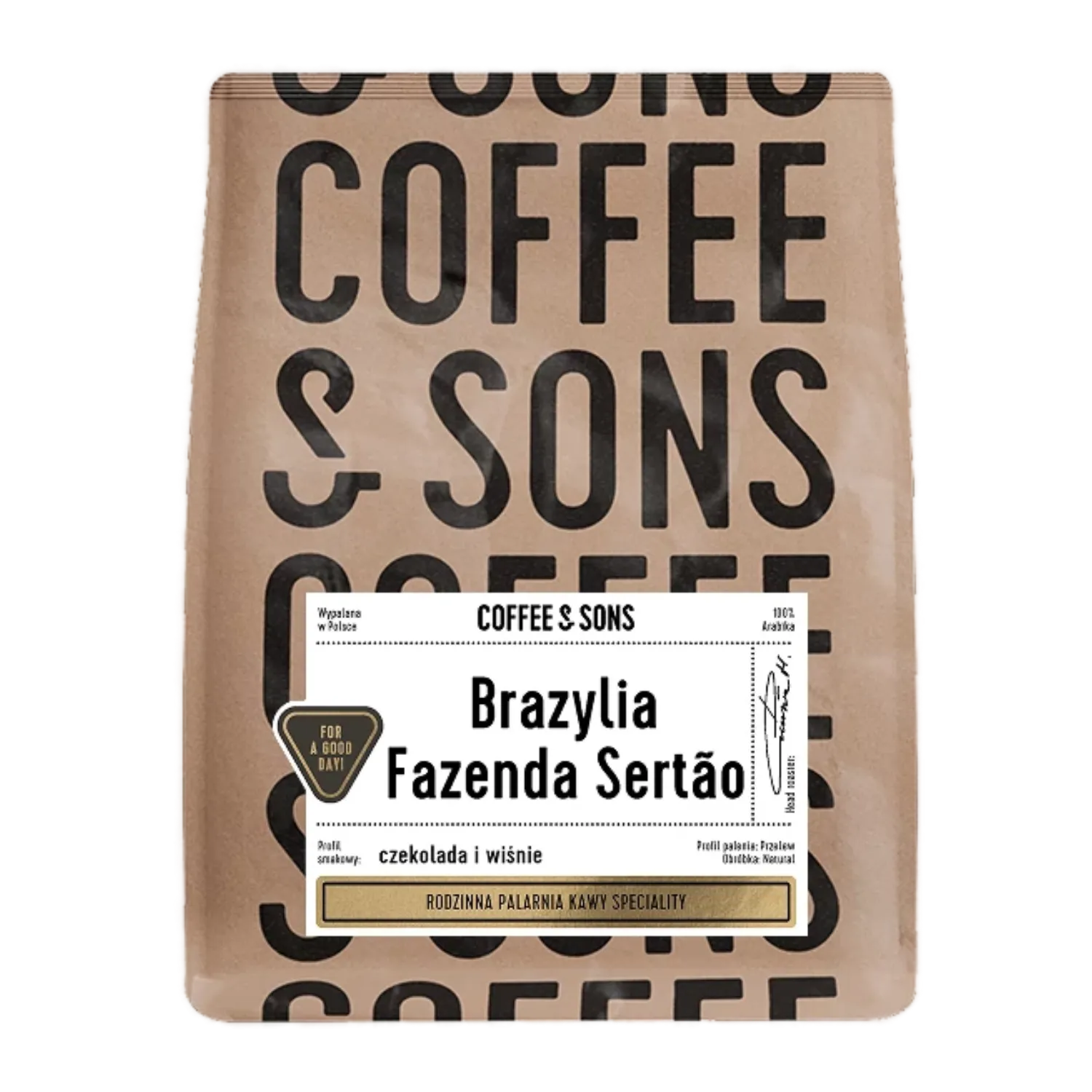 Brun Coffee & Sons-påse Brazylia Fazenda Sertão filterkaffe med stor svart text och vit etikett