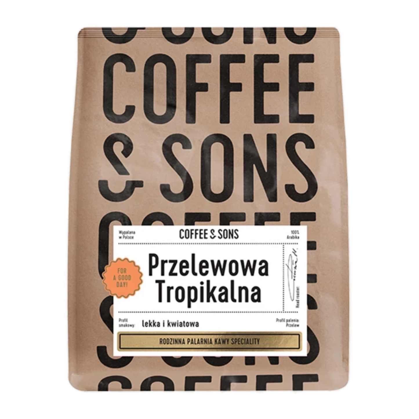 Craft brown Coffee & Sons Tropical Brew coffee package with a label on a white background
