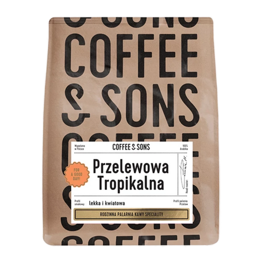 Brunt kaffepaket i hantverkspapper från Coffee & Sons "Tropical Brew" med etikett på vit bakgrund