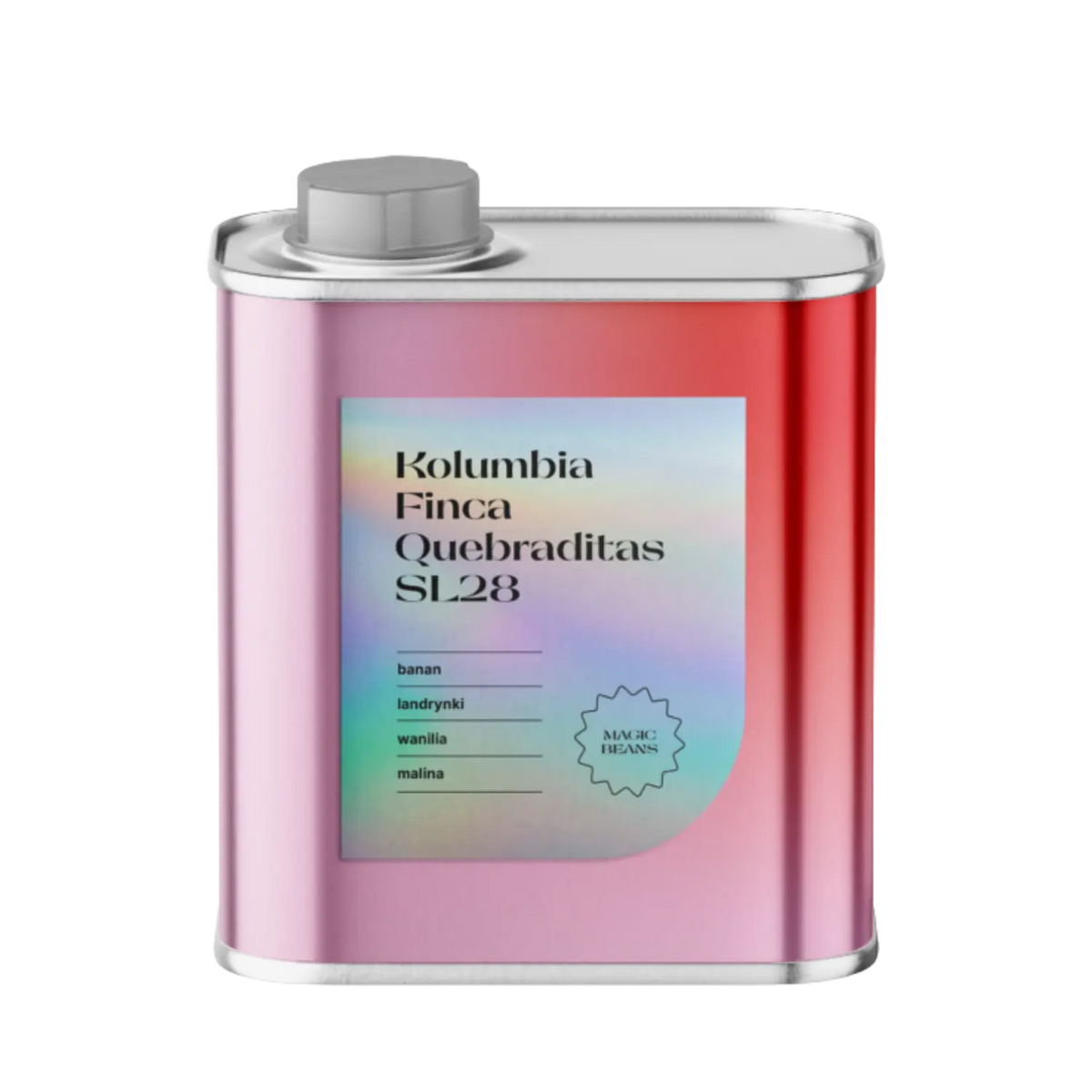 CoffeeLab Colombia Finca Quebraditas SL28 specialty coffee tin with iridescent label, tasting notes of banana, hard candy, vanilla, and raspberry
