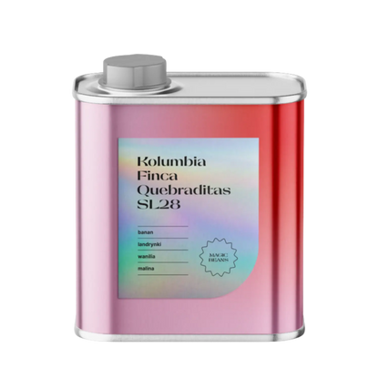 CoffeeLab Colombia Finca Quebraditas SL28 specialty coffee tin with iridescent label, tasting notes of banana, hard candy, vanilla, and raspberry