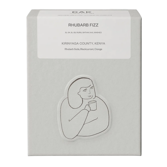 White box of DAK Coffee Roasters Rhubarb Fizz Filter Whole Beans with black on white drawing of a person