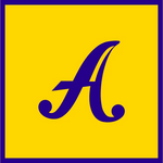 A stylized purple letter A centered on a bright yellow square background with a thin purple border.
