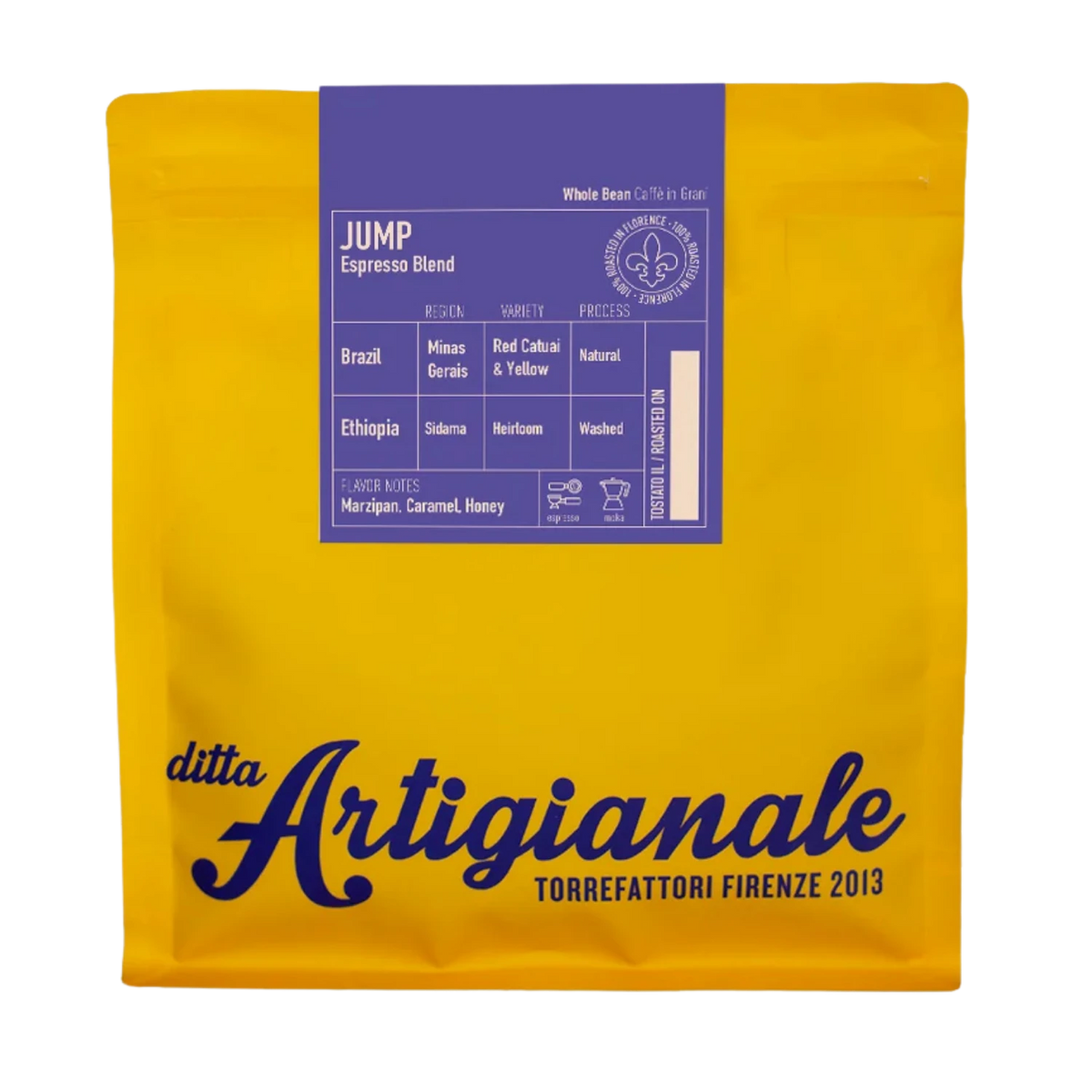 A yellow coffee bag with a purple label reading 'JUMP Espresso Blend' and large 'ditta Artigianale' branding on the front, photographed on a plain white background.