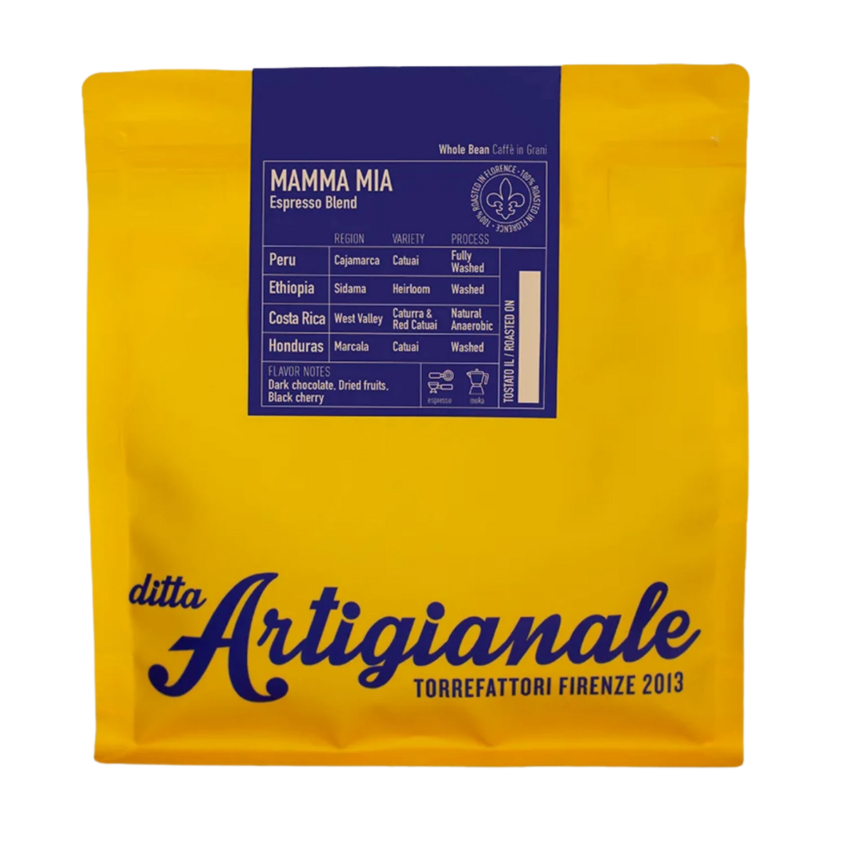 A yellow coffee bag with a dark blue label reading 'MAMMA MIA Espresso Blend' and large 'ditta Artigianale' branding on the front, photographed on a plain white background.