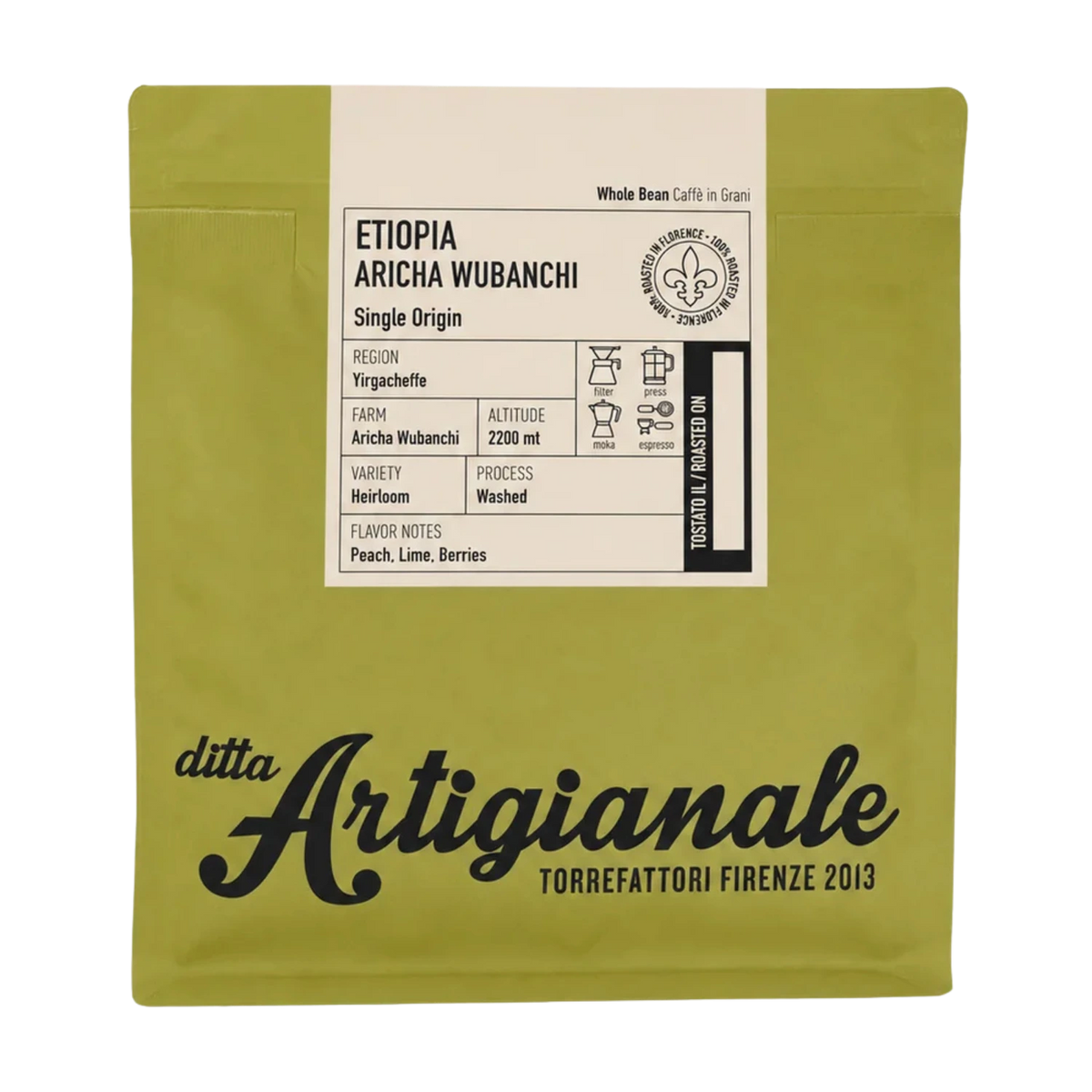 A matte olive-green stand-up pouch of Ditta Artigianale Ethiopia Aricha Wubanchi single-origin whole bean coffee, featuring a cream-colored label with black text and product details.