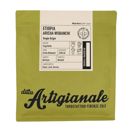 A matte olive-green stand-up pouch of Ditta Artigianale Ethiopia Aricha Wubanchi single-origin whole bean coffee, featuring a cream-colored label with black text and product details.