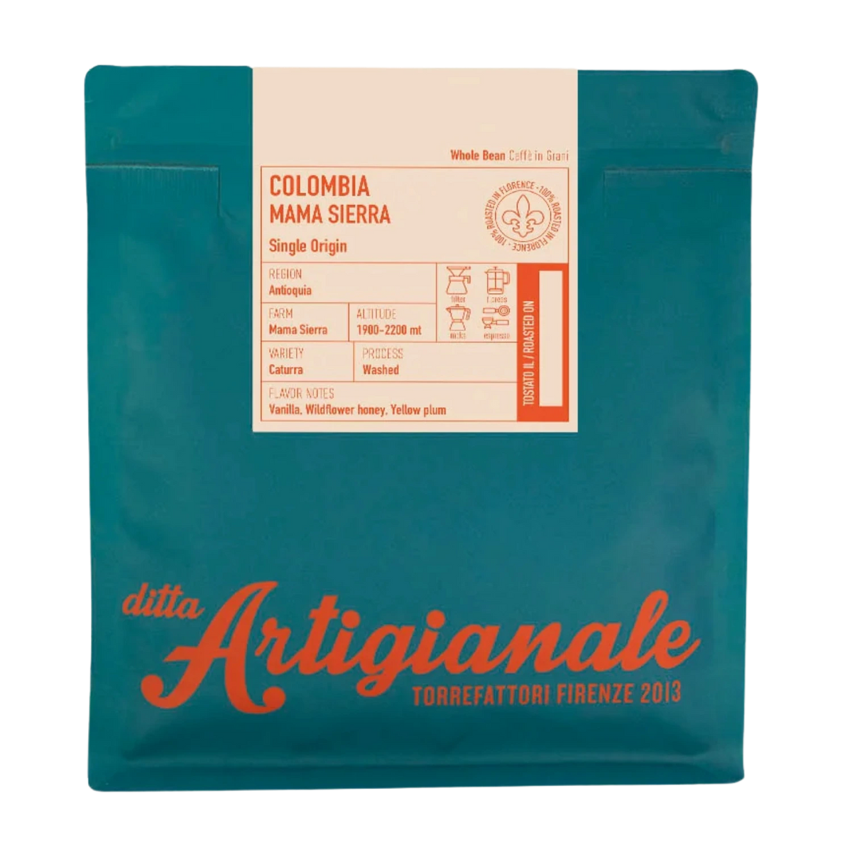 A bag of Ditta Artigianale coffee specifically Colombia Mama Sierra single origin, in a teal pouch with a cream-colored label and orange-red branding.