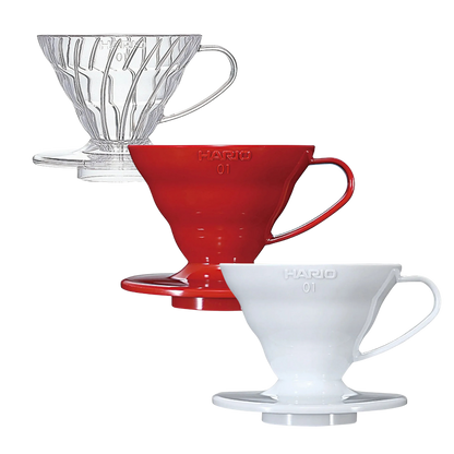 Three HARIO plastic pour-over coffee drippers seize 1 in clear, red, and white, arranged diagonally on a solid white background.