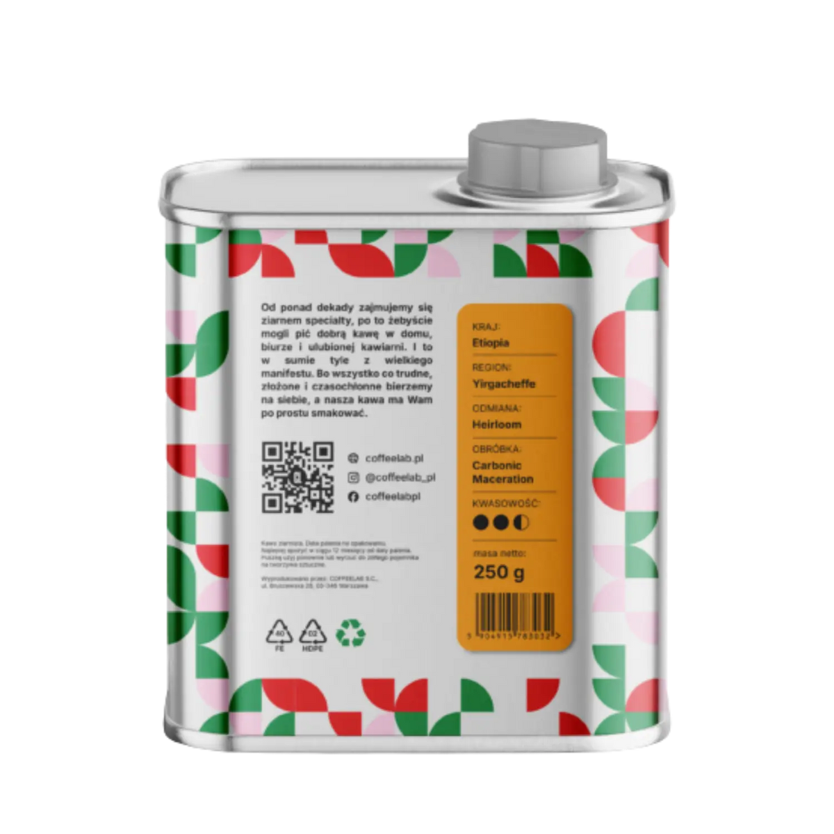 Back label of CoffeeLab Ethiopia Banko Gotiti CM specialty coffee tin, showing product details: Yirgacheffe region, Heirloom variety, Carbonic Maceration process