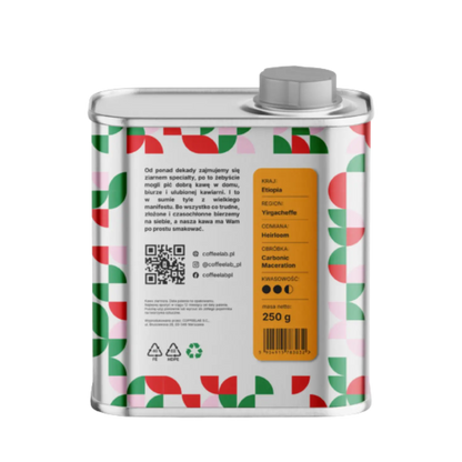Back label of CoffeeLab Ethiopia Banko Gotiti CM specialty coffee tin, showing product details: Yirgacheffe region, Heirloom variety, Carbonic Maceration process